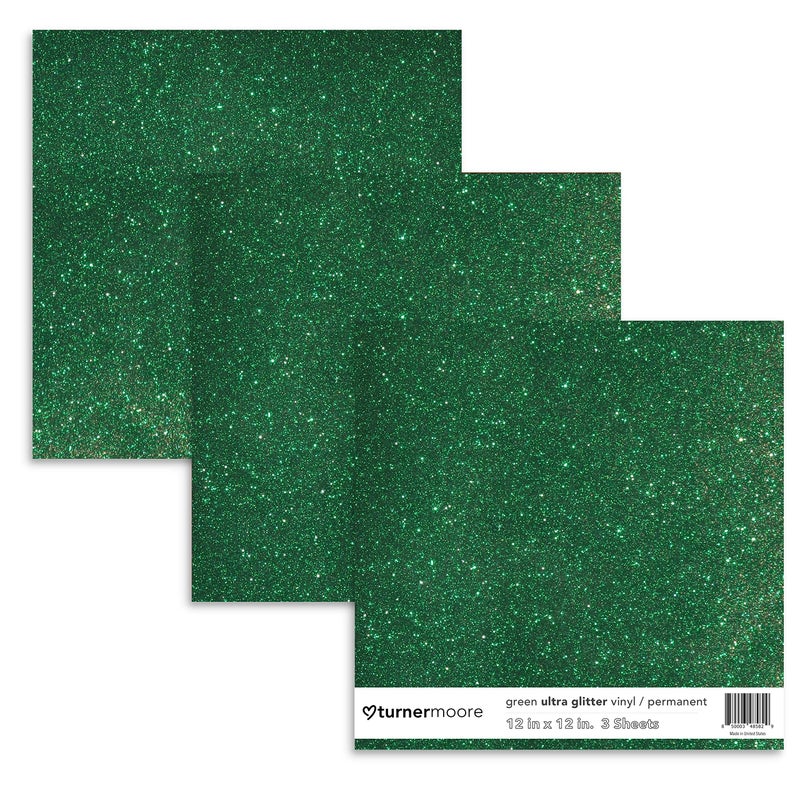 Turner Moore Edition Green Glitter Vinyl Adhesive, 12x12 Ultra Glitter Vinyl Sheets for Cricut Joy Maker, Silhouette Cameo, Stickers, Tumblers, Decals, Permanent (Green Glitter Adhesive Vinyl, 3pk) - Image 1